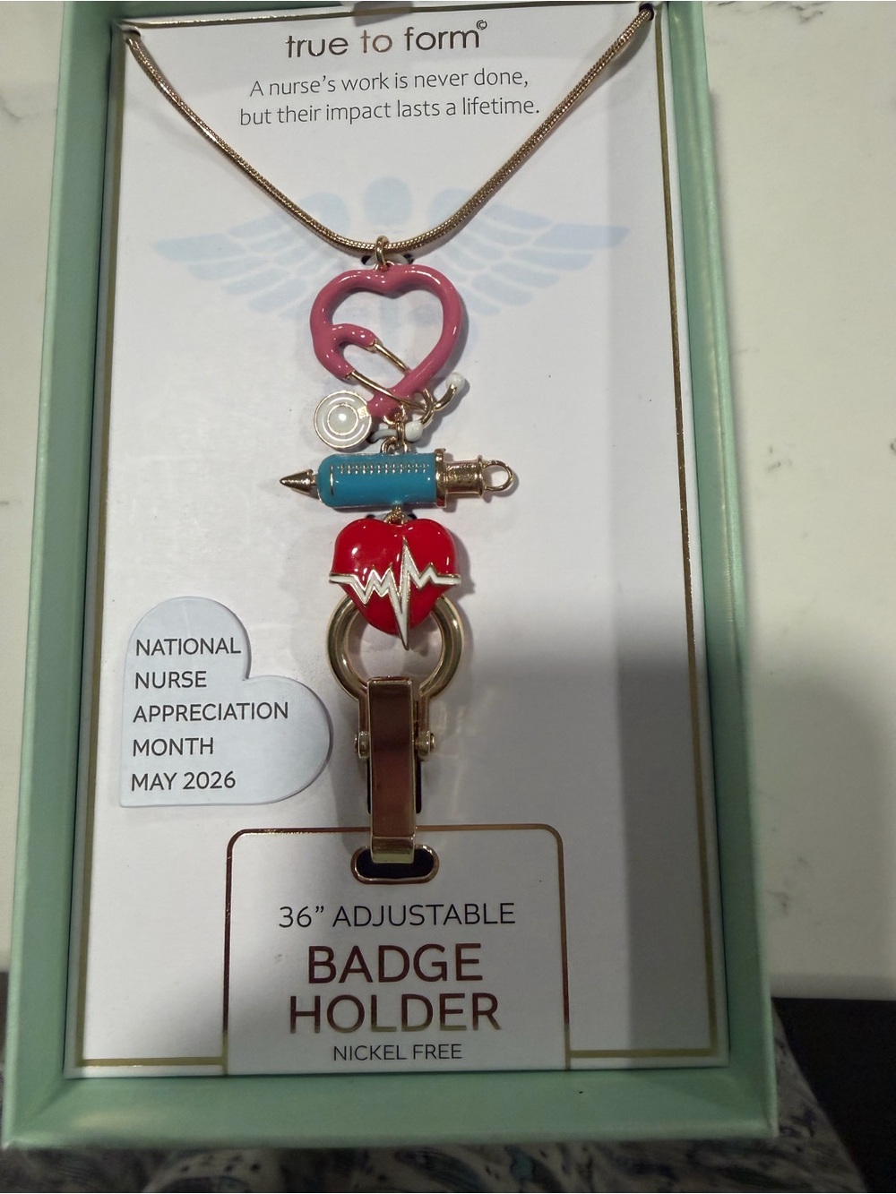True to Form Nurse Badge Holder Necklace with Heart & Syringe Charms